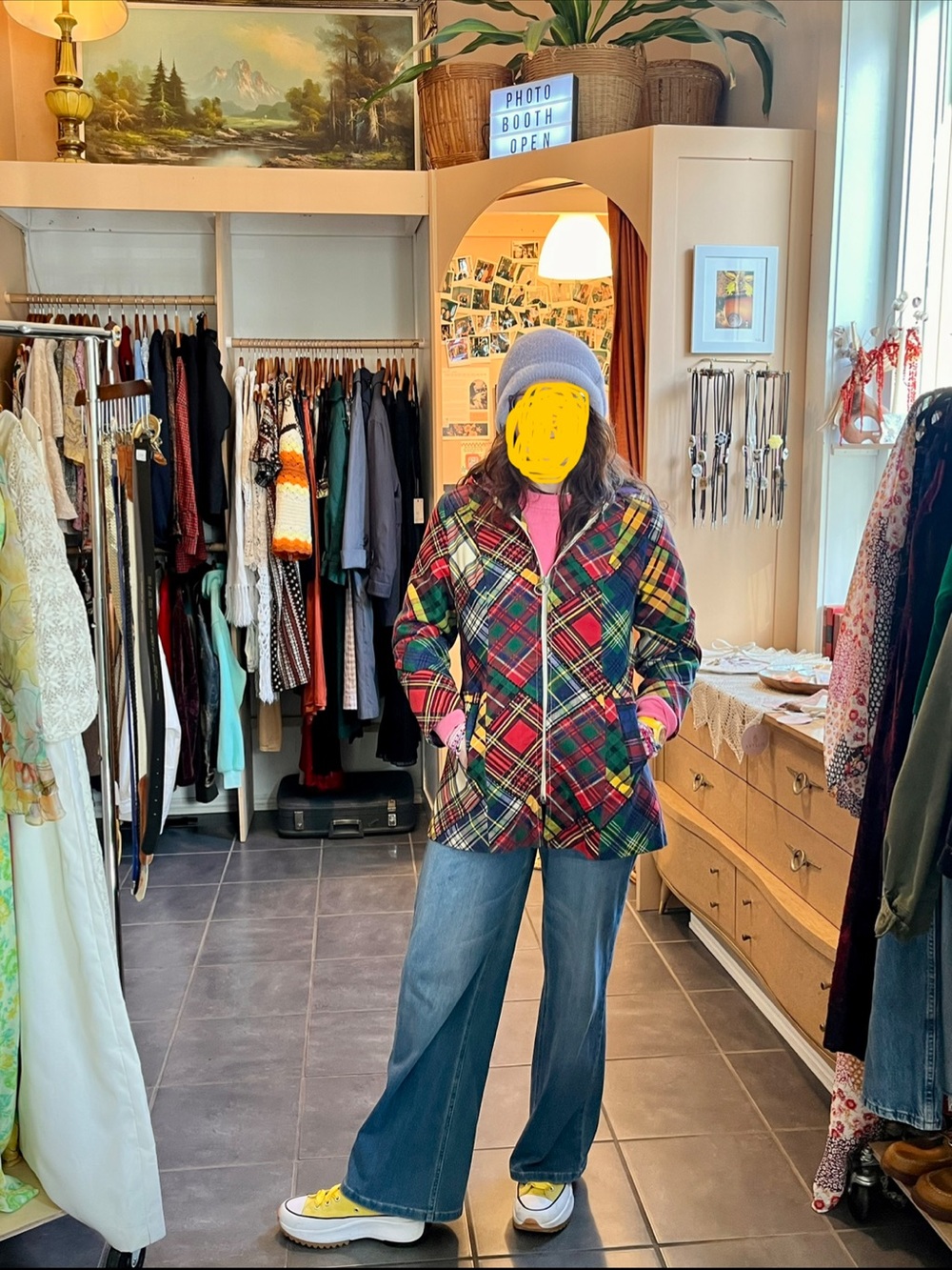Vintage Patchwork Plaid Full Zip Hoodie Jacket Textured Colorful Size M-L